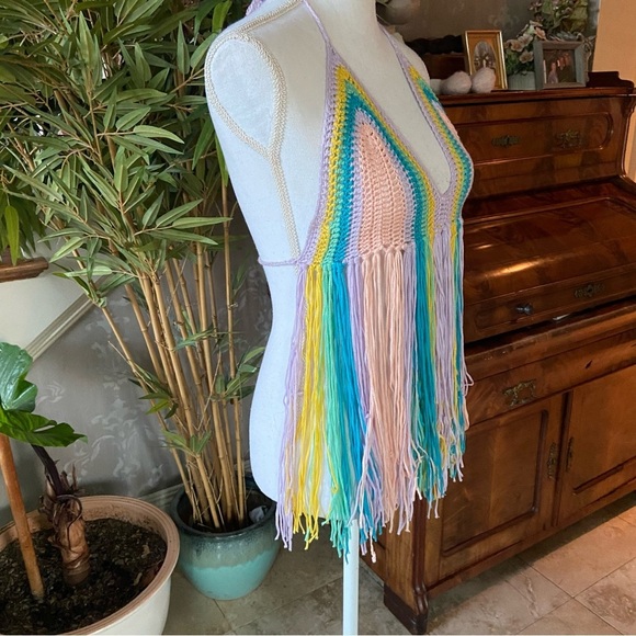 WoWo Colorful Crochet Halter Top Size L Open Back with Fringe Boho Hippie Fest - Picture 4 of 11